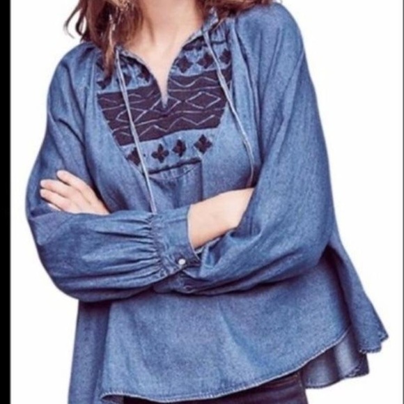 Blue Anthro Denim Chambray Embroidered Swing Tassel Blouse - Picture 2 of 13